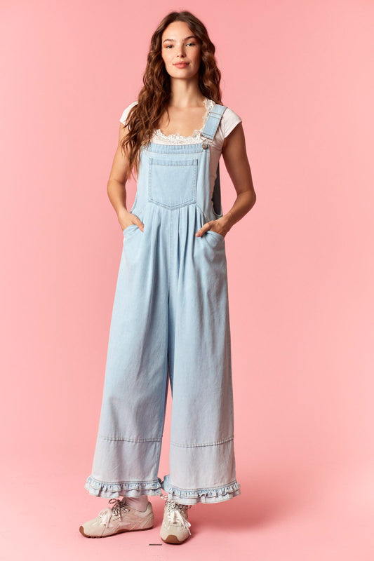 TUCK PLEATED WIDE FIT W/ RUFFLE HEM DETAIL DENIM OVERALL