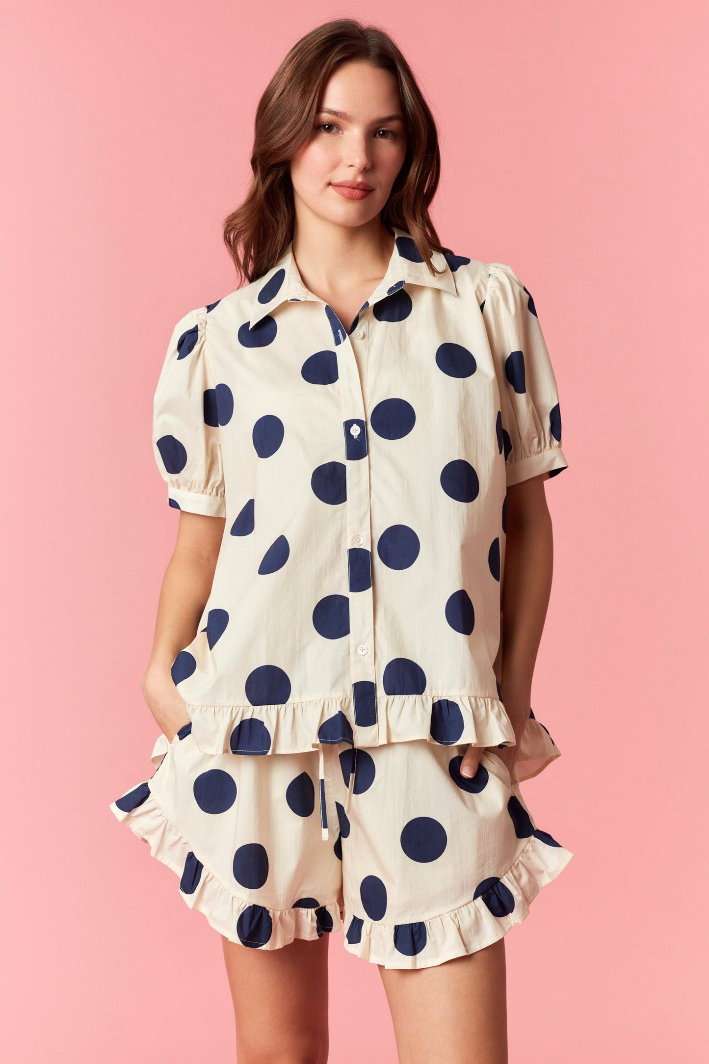 WIDE POLKA DOT RUFFLE HEM DETAIL SHORTS & OVERSIZED BUTTON DOWN SHIRT 2 PC. SET