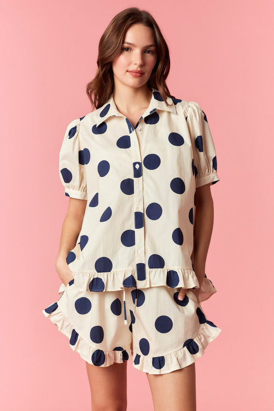 WIDE POLKA DOT RUFFLE HEM DETAIL SHORTS & OVERSIZED BUTTON DOWN SHIRT 2 PC. SET