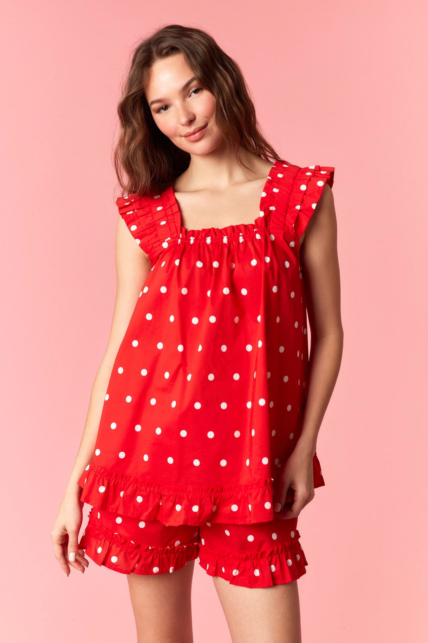 RED/WHITE POLKA DOT RUFFLED BABYDOLL TOP PJ 2 PC. SET