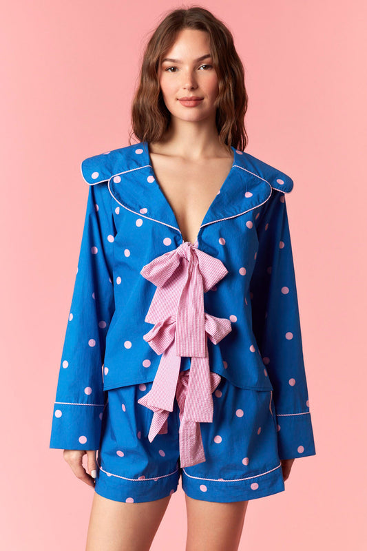 POLKA DOT POPLIN PJ 2 PC.SET - BLUE/PINK