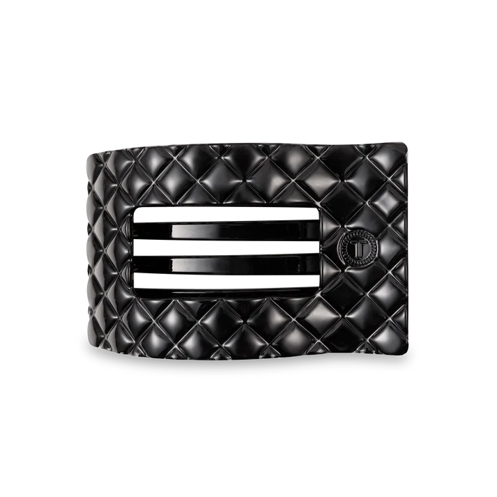 TELETIES JET BLACK QUILTED MEDIUM FLAT RECTANGLE HAIR CLIP