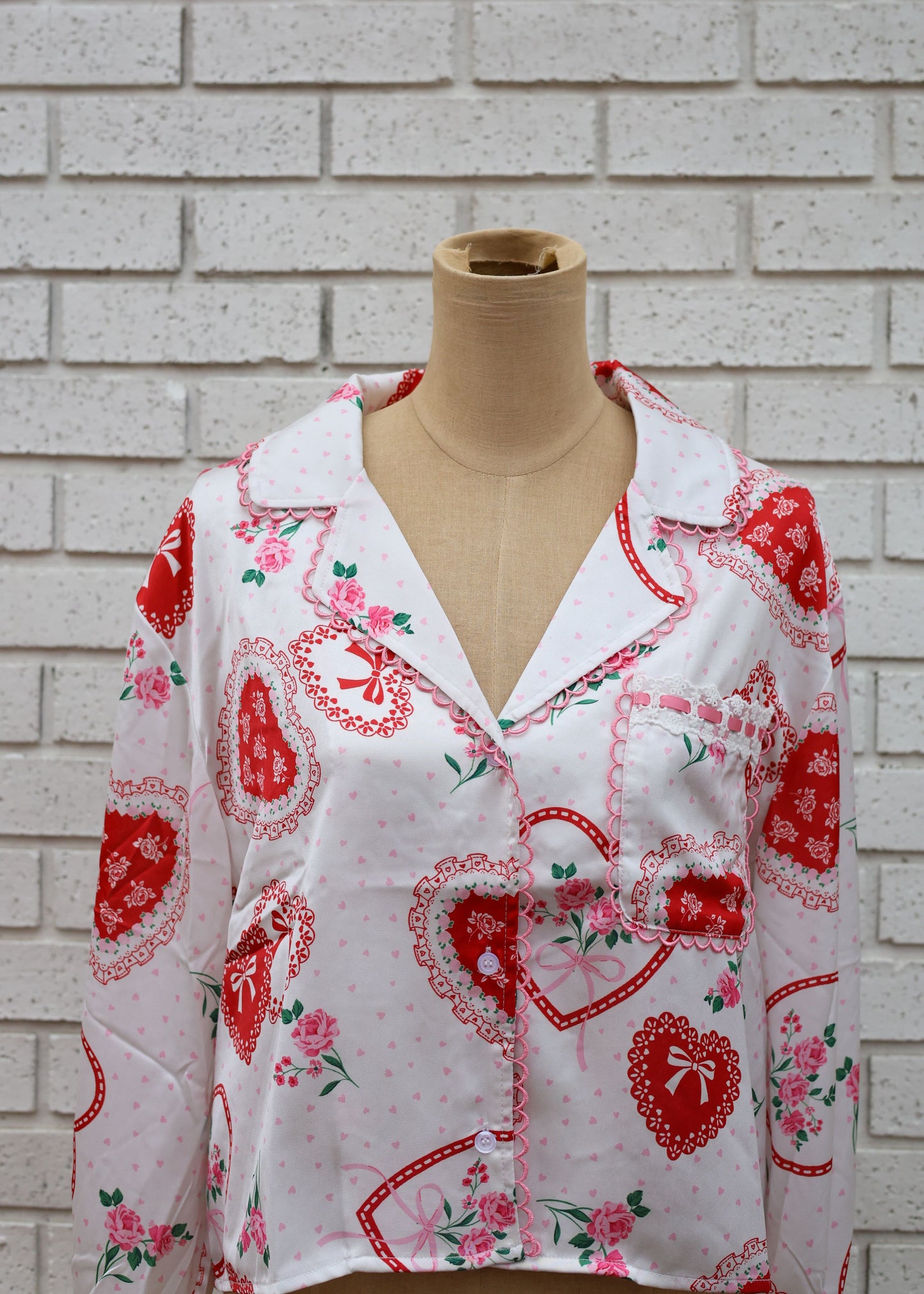 SATIN 2PC PJS- RED VALENTINE W/PINK LACE TRIM