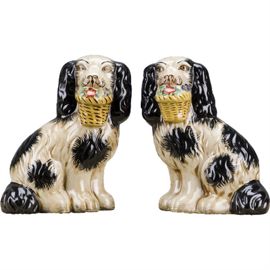 BLACK & WHITE  STAFFORDSHIRE DOGS WITH FLOWER BASKET SET OF 2
