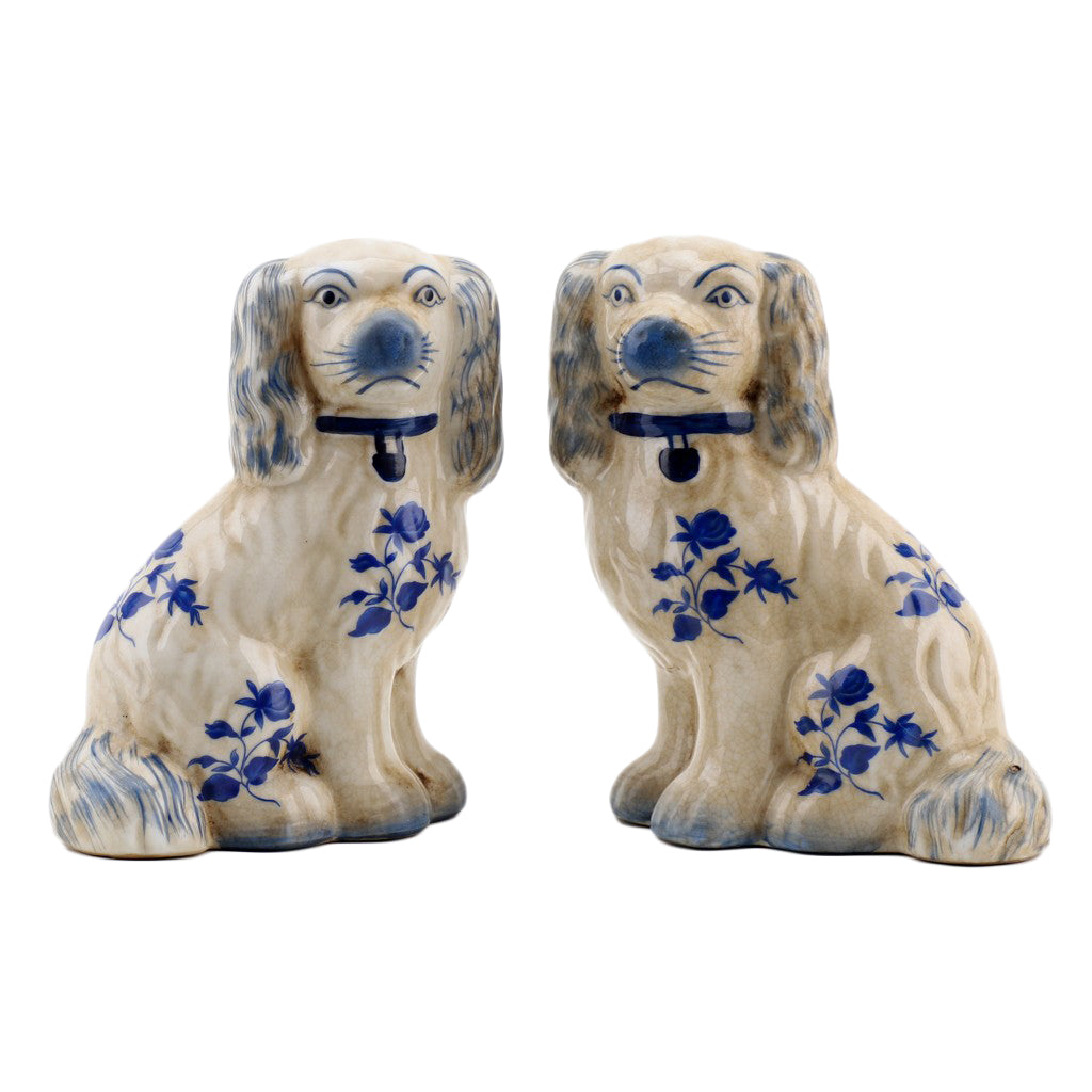 BLUE & WHITE FLORAL STAFFORDSHIRE DOGS SET OF 2