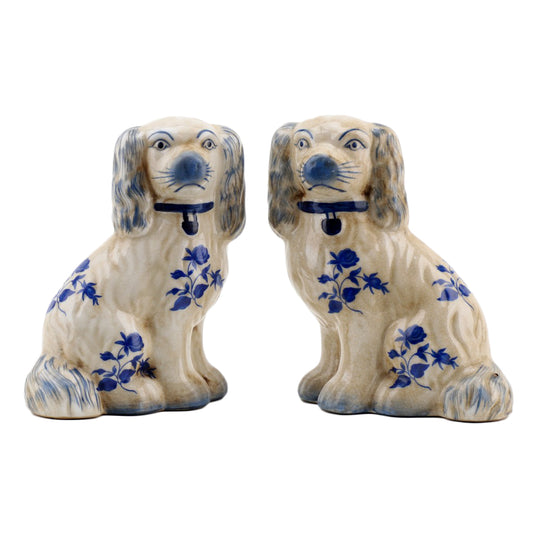 BLUE & WHITE FLORAL STAFFORDSHIRE DOGS SET OF 2
