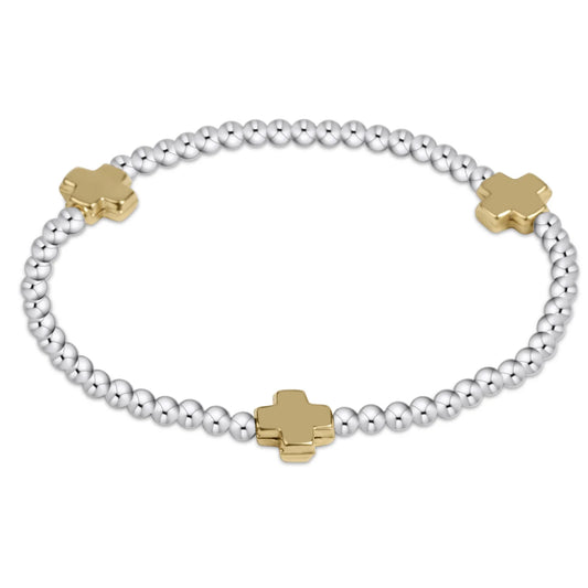 SIGNATURE CROSS STERLING MIXED METAL PATTERN 3MM BEAD BRACELET - GOLD