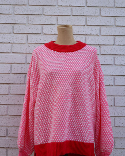 PINK PRINT SWEATER W/RED TRIM