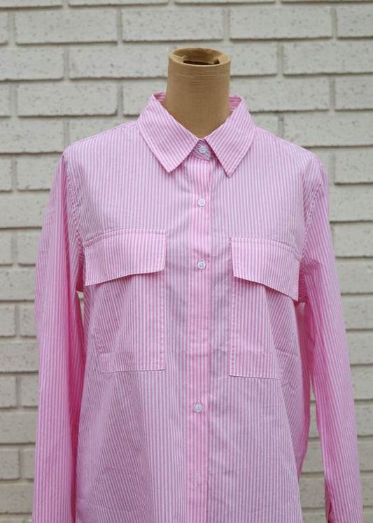 LT PINK STRIPE BUTTON DOWN UTILITY SHIRT