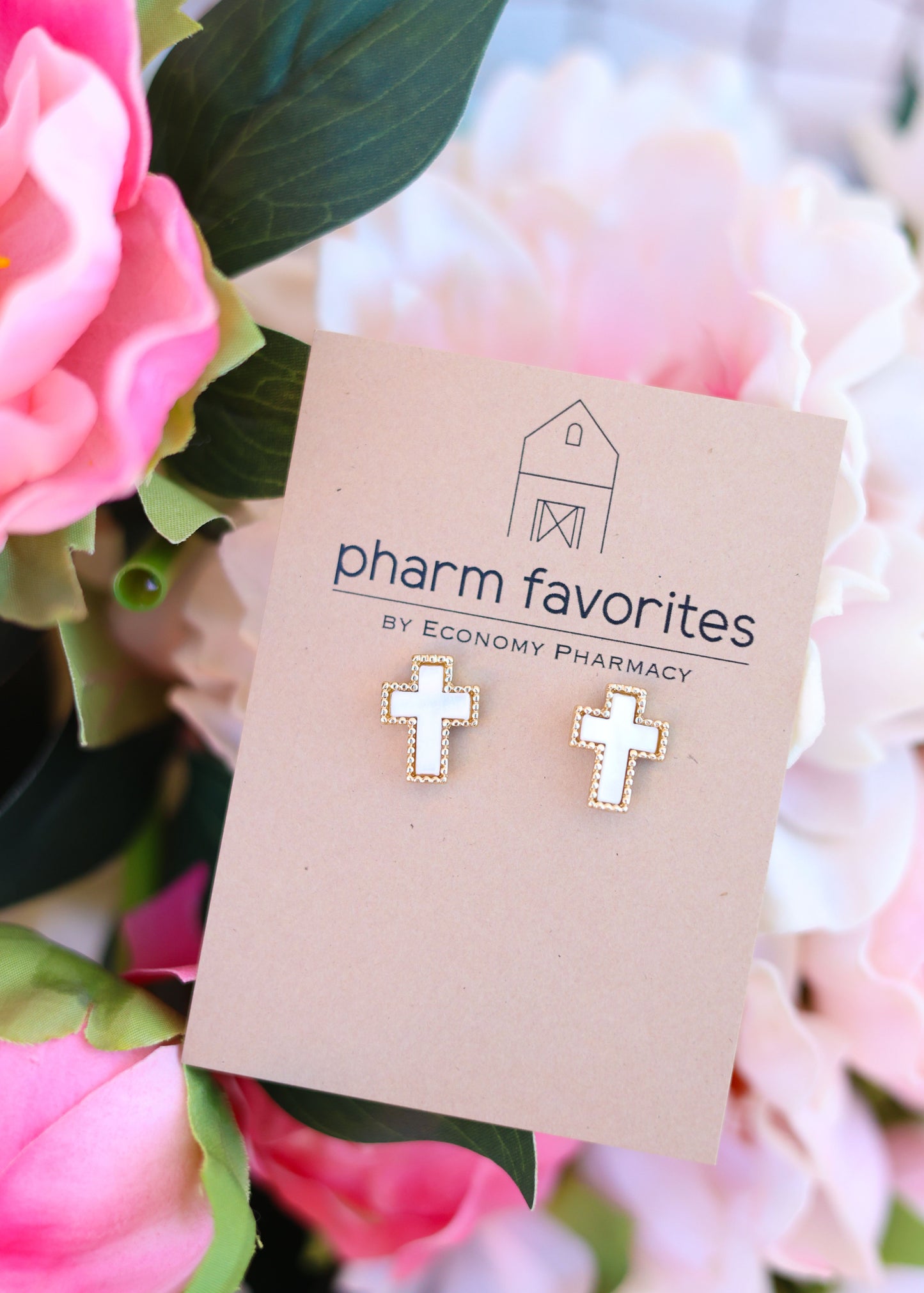 GOLD CROSS STUD EARRINGS W/IVORY INLAY