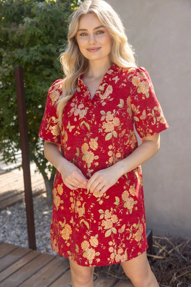 RUFFLED V-NECK FLORAL JACQUARD SHIFT DRESS - RED