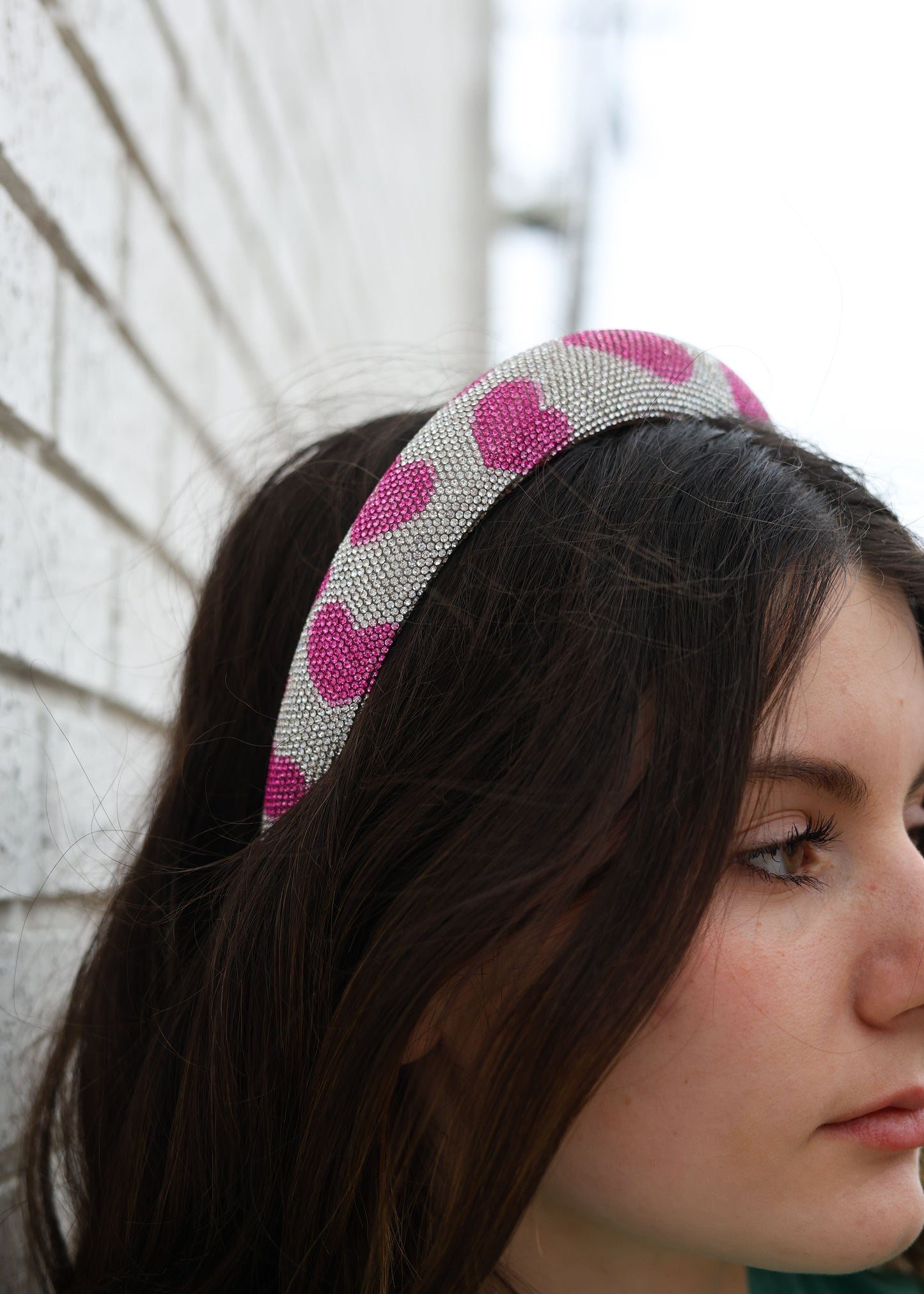 SILVER W/PINK HEARTS CRYSTAL HEADBAND