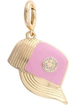 SMILEY FACE TRUCKER HAT PENDANT CHARM - GOLD/LIGHT PINK