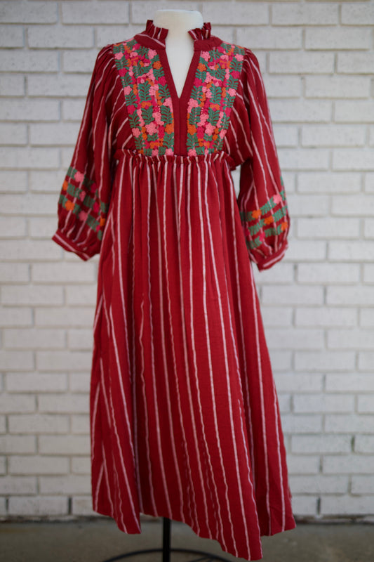RED 3/4 PUFF SLEEVE PEASANT STILE STRIPED MIDI DRESS WITH EMBROIDERY
