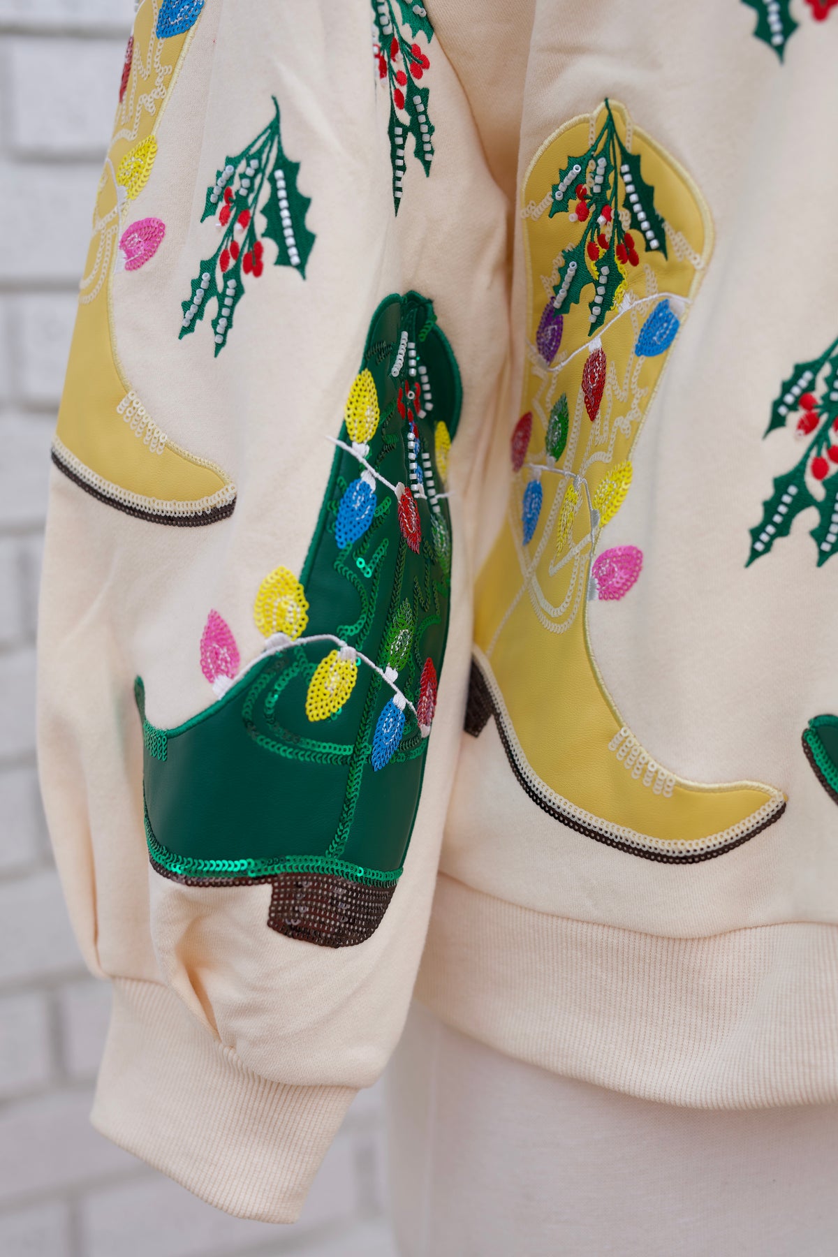 BEIGE MULTI CHRISTMAS COWBOY BOOTS SWEATSHIRT