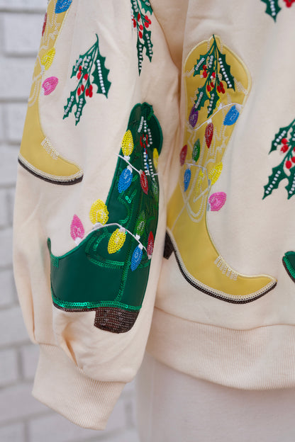 BEIGE MULTI CHRISTMAS COWBOY BOOTS SWEATSHIRT