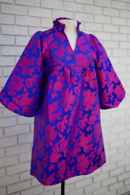 3/4 PUFF SLEEVE FLORAL JACQUARD BABY DOLL DRESS WITH RUFFLED NECKLINE