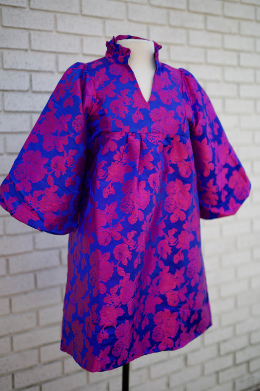 3/4 PUFF SLEEVE FLORAL JACQUARD BABY DOLL DRESS WITH RUFFLED NECKLINE