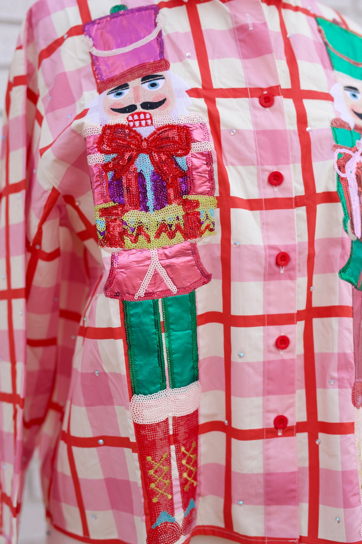 PINK & RED PLAID METALLIC NUTCRACKER COTTON BUTTON UP TOP