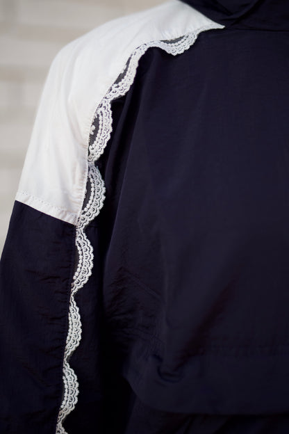 NAVY WITH LACE AND MESH INSET 2PC TRACK JACKET & SHORTS SET