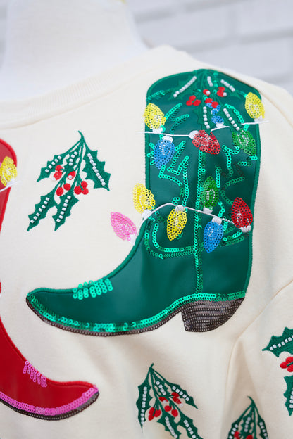 BEIGE MULTI CHRISTMAS COWBOY BOOTS SWEATSHIRT