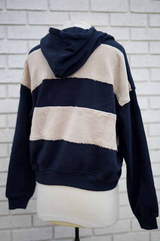 BOHO BEADED STRIPED HOODIE - NAVY