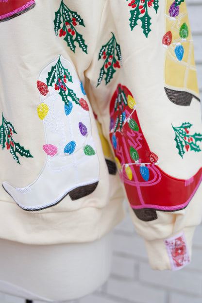BEIGE MULTI CHRISTMAS COWBOY BOOTS SWEATSHIRT