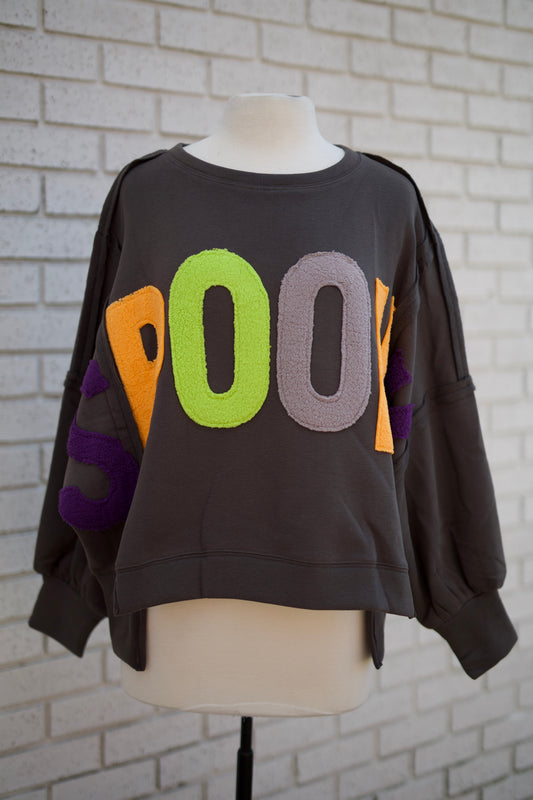 HALLOWEEN SPOOKY CHENILLE APPLIQUE CHARCOAL SWEATSHIRT