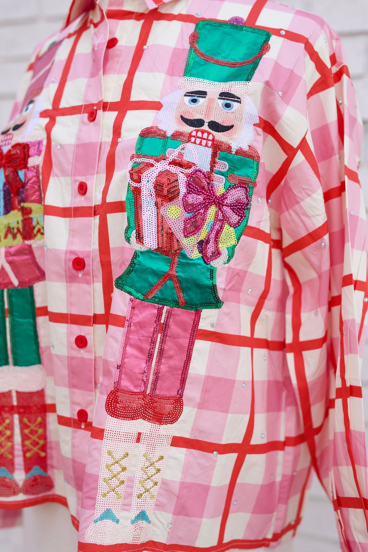 PINK & RED PLAID METALLIC NUTCRACKER COTTON BUTTON UP TOP