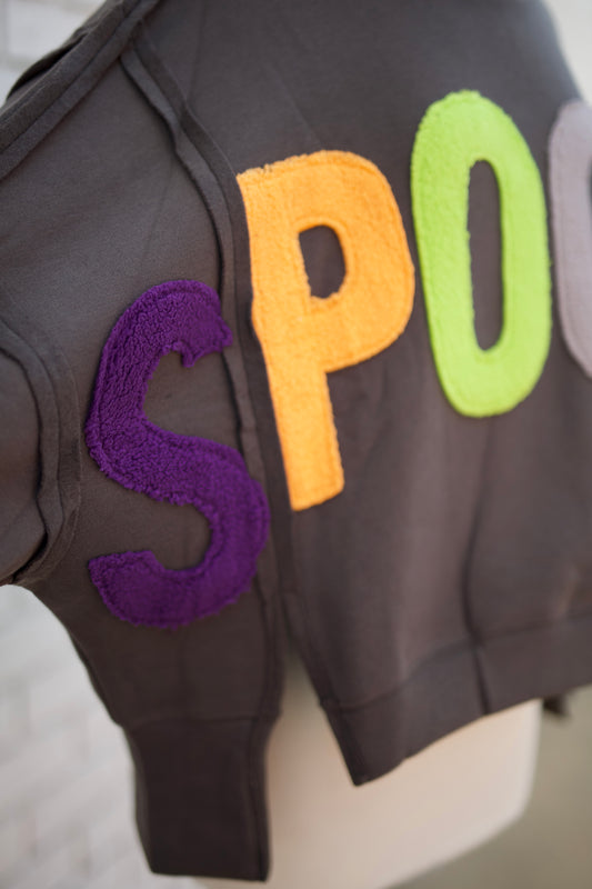 HALLOWEEN SPOOKY CHENILLE APPLIQUE CHARCOAL SWEATSHIRT