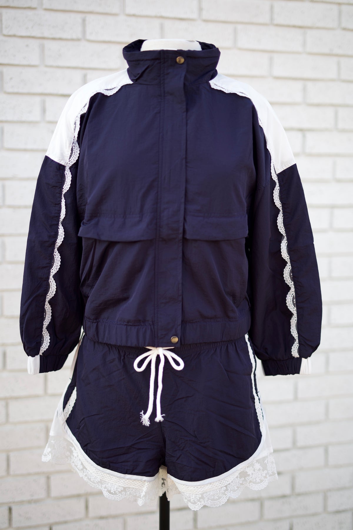 NAVY WITH LACE AND MESH INSET 2PC TRACK JACKET & SHORTS SET