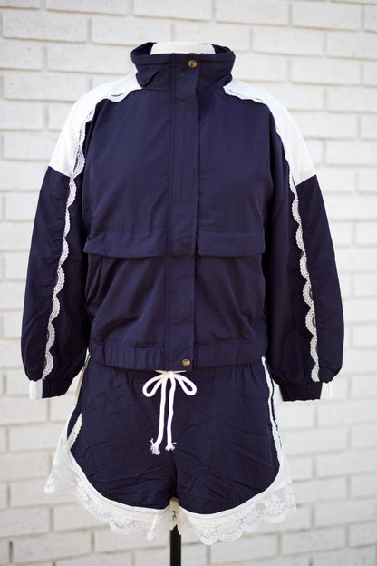 NAVY WITH LACE AND MESH INSET 2PC TRACK JACKET & SHORTS SET