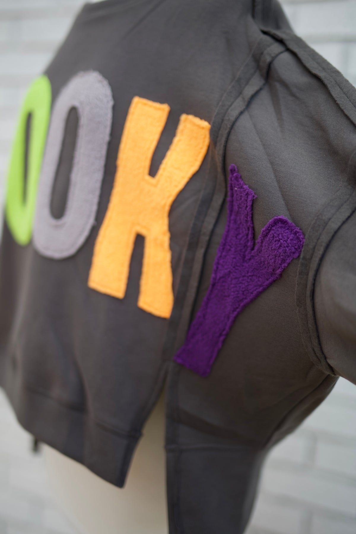 HALLOWEEN SPOOKY CHENILLE APPLIQUE CHARCOAL SWEATSHIRT