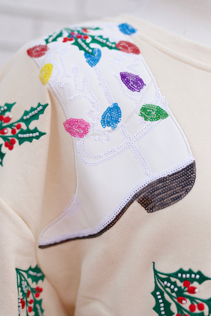 BEIGE MULTI CHRISTMAS COWBOY BOOTS SWEATSHIRT