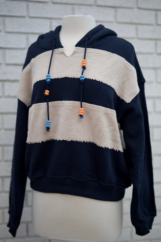 BOHO BEADED STRIPED HOODIE - NAVY