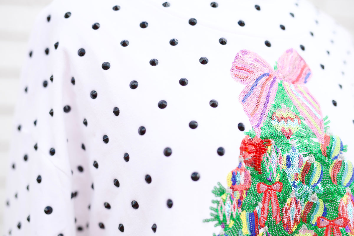 WHITE & BLACK POLKA DOT MULTI CHRISTMAS TREE MOCKNECK SWEATSHIRT