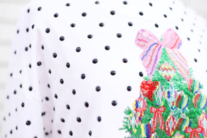 WHITE & BLACK POLKA DOT MULTI CHRISTMAS TREE MOCKNECK SWEATSHIRT