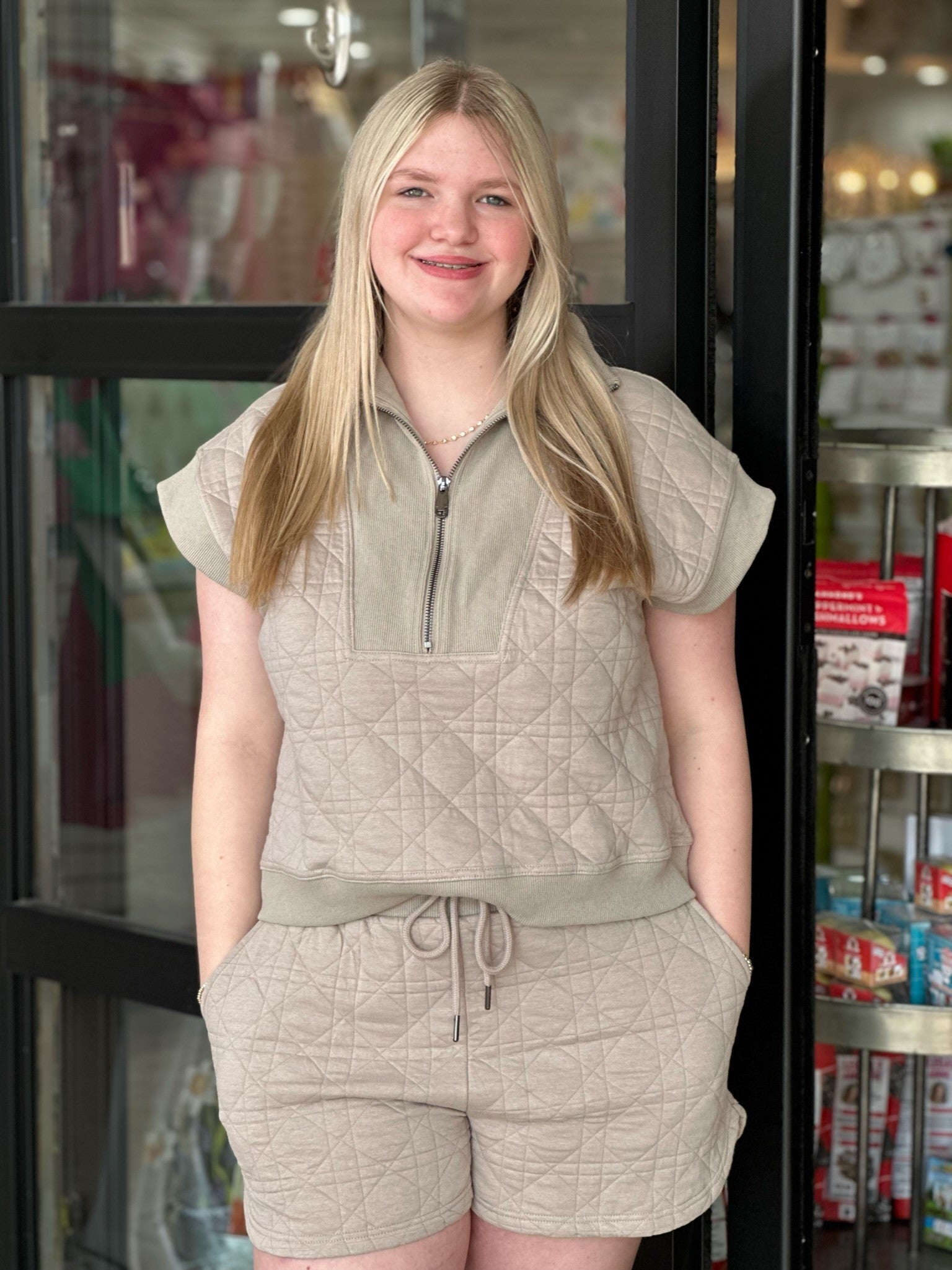 Gray Quilted Half-Zip Top Shorts Set