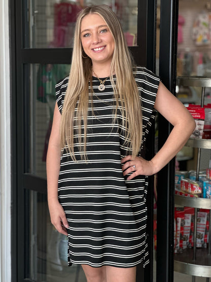 Black & White Striped Shoulder Sleeve Dress