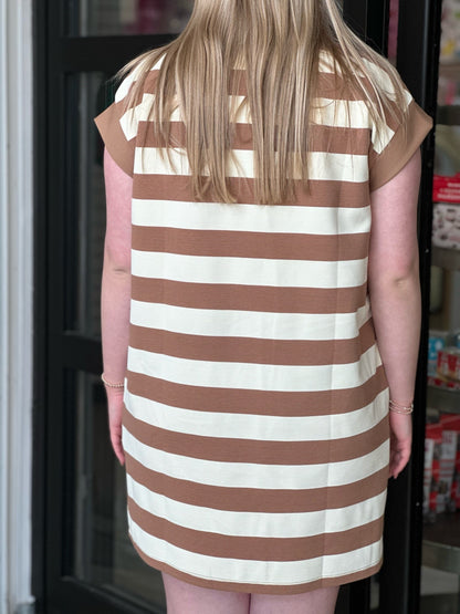 Tan & White Striped Shoulder Sleeve Dress