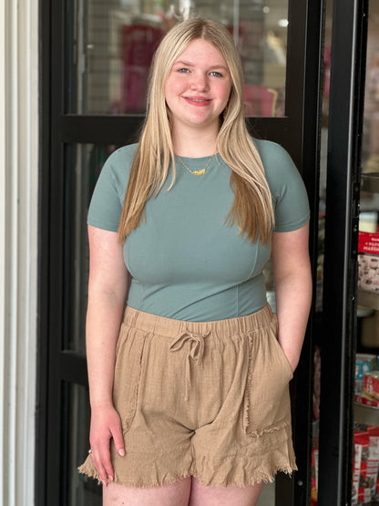 Tan Linen Shorts with Frayed Edges