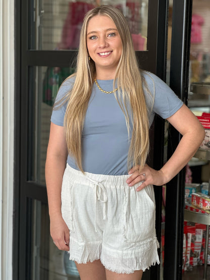 White Linen Shorts with Frayed Edges