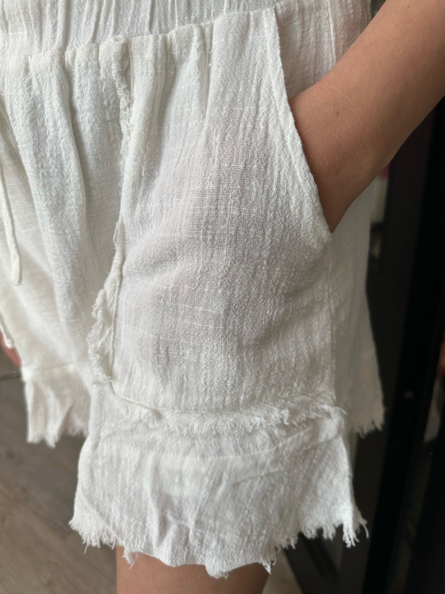 White Linen Shorts with Frayed Edges