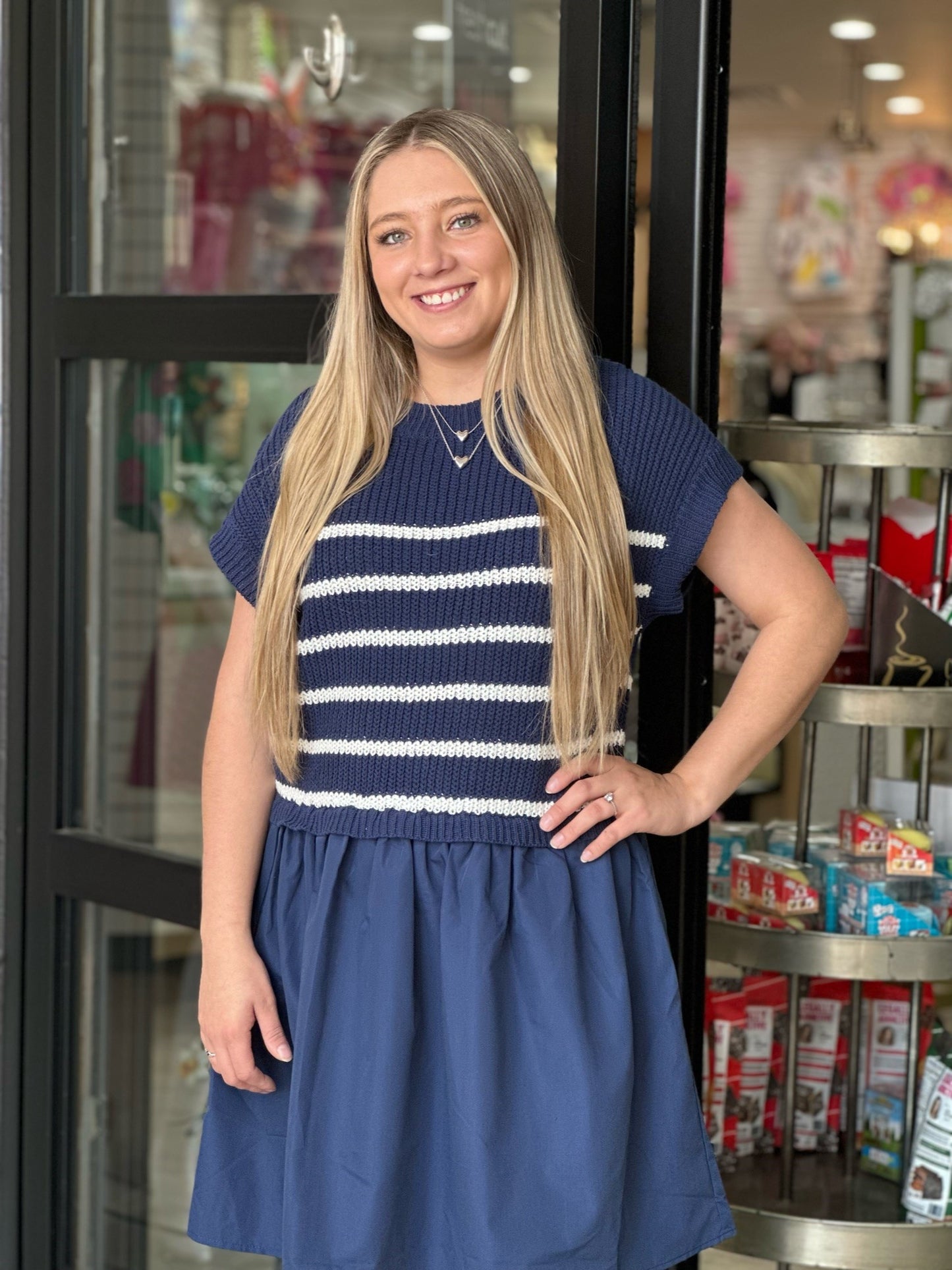 Navy Striped Sweater Vest Top Dress