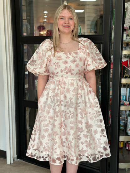 White Square Neck Dress with Pink Floral Print