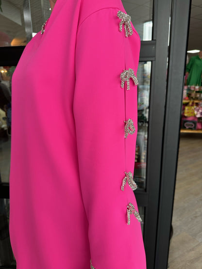 BeulahStyle Neon Pink Dress with Rhinestone Bow Sleeve Clips