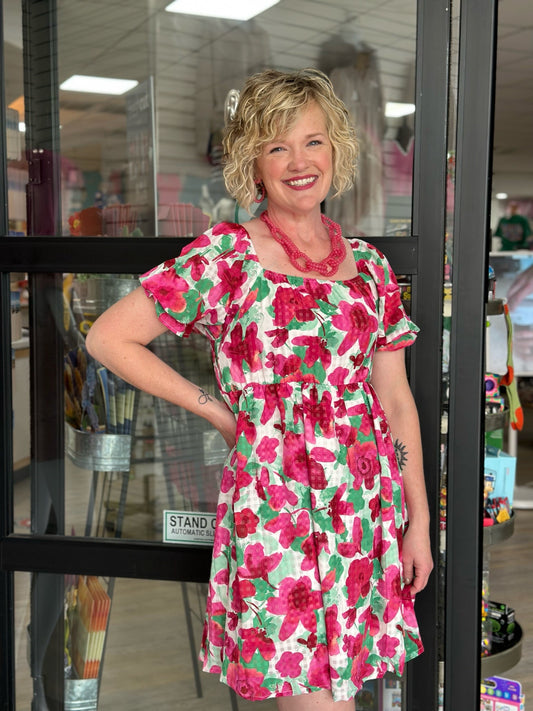 Pink & Red Floral Square Neck Dress