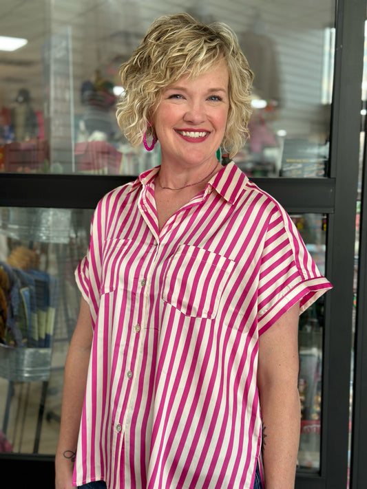 Hot Pink & Ivory Pinstripe Blouse