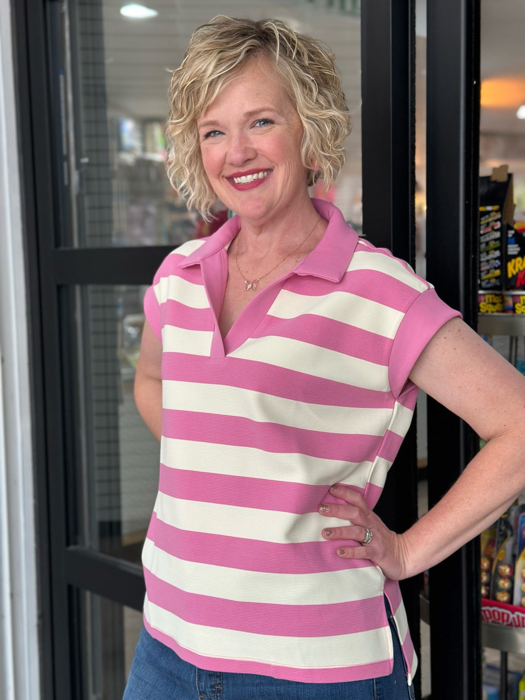 Pink & Ivory Striped Shirt with Collar