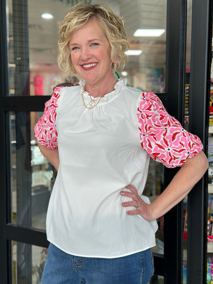 White Blouse with Pink & Red Sleeve Embroidery